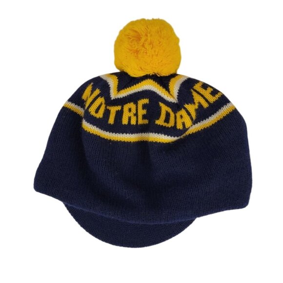 Notre Dame Fighting Irish Knit Beanie Hat w/ Sewn-In Bill & Pom – Navy / Gold - Picture 2 of 4